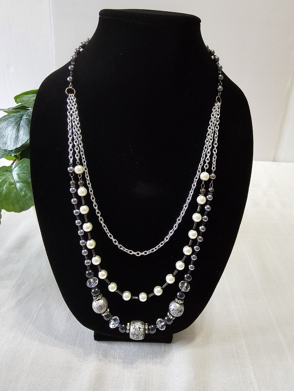 Multi-Strand Black, Grey and White Beaded Necklace - Women Jewelry